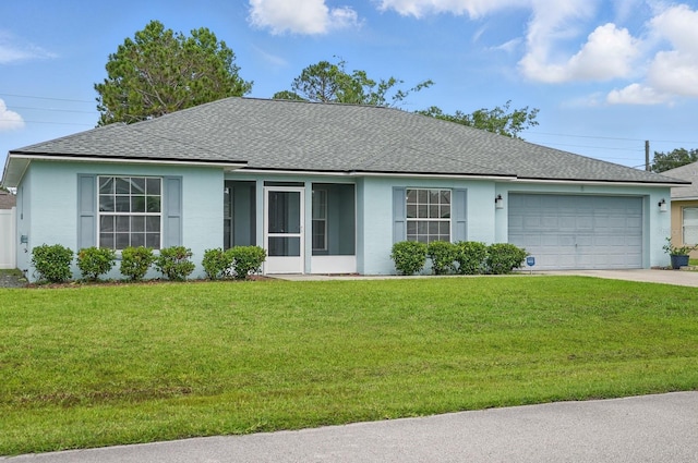 8 Severn Ct, Palm Coast, FL 32164 - ranch-style home featuring a shingled roof, a garage, concrete driveway, a front lawn, and stucco siding