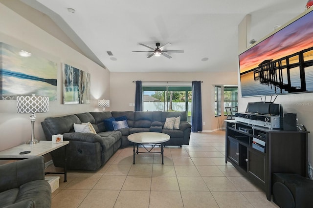 8 Severn Ct, Palm Coast, FL 32164 - living area with lofted ceiling, ceiling fan, and light tile patterned flooring