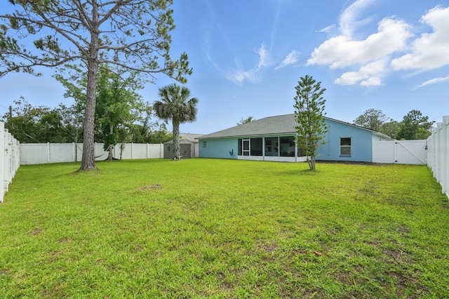 8 Severn Ct, Palm Coast, FL 32164 - fenced backyard featuring a storage unit, a sunroom, and a gate