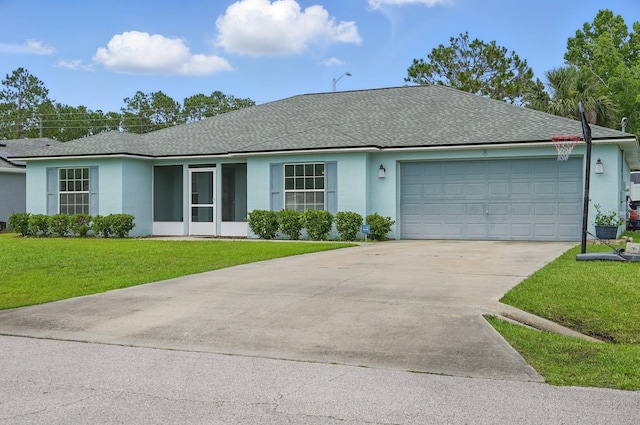 8 Severn Ct, Palm Coast, FL 32164 - ranch-style house featuring driveway, a garage, a front yard, and stucco siding