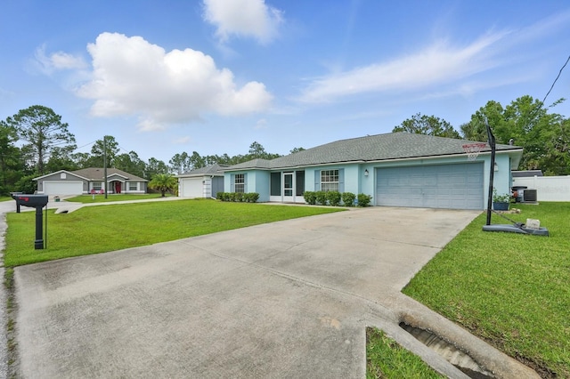 8 Severn Ct, Palm Coast, FL 32164 - ranch-style home with an attached garage, a front lawn, concrete driveway, and stucco siding