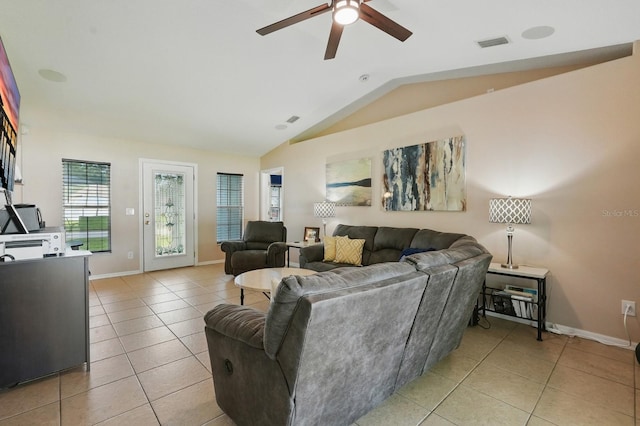8 Severn Ct, Palm Coast, FL 32164 - living room with light tile patterned flooring, lofted ceiling, and ceiling fan