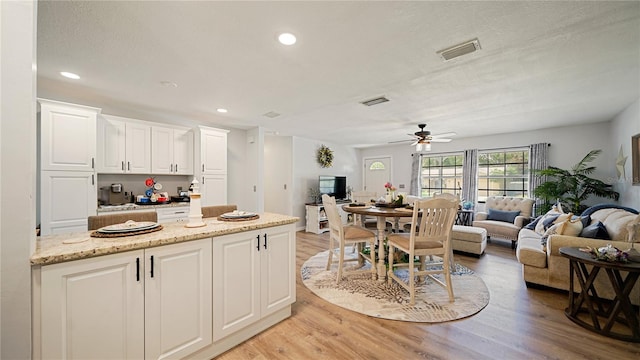 29 Firtree Ln, Palm Coast, FL 32137 - kitchen featuring white cabinetry, light wood-type flooring, a ceiling fan, recessed lighting, and light stone counters