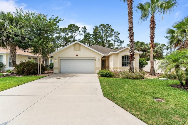 34 Raintree Cir, Palm Coast, FL 32164 - ranch-style house with stucco siding, an attached garage, and concrete driveway