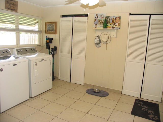 39 Benjamin Dr, Ormond Beach, FL 32176 - washroom with washer and dryer, ornamental molding, light tile patterned floors, and ceiling fan