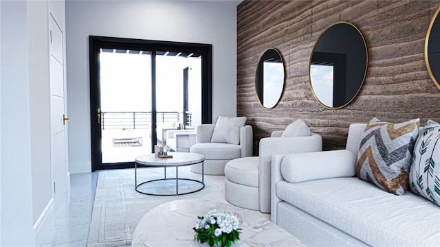 2360 Ocean Shore Blvd Unit 2, Ormond Beach, FL 32176 - living area featuring wooden walls, marble tiled flooring, and an accent wall