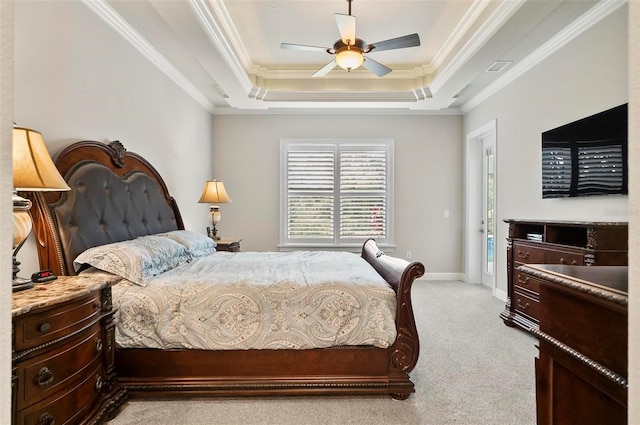 4 Midden Ln, Palm Coast, FL 32137 - bedroom featuring a tray ceiling, crown molding, light colored carpet, and ceiling fan