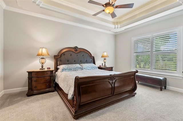 4 Midden Ln, Palm Coast, FL 32137 - bedroom with a raised ceiling, light colored carpet, crown molding, and ceiling fan