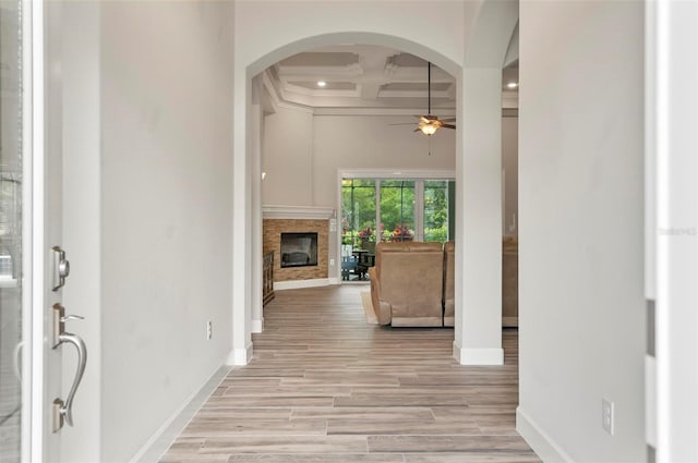 4 Midden Ln, Palm Coast, FL 32137 - hall with coffered ceiling, beam ceiling, recessed lighting, and light wood finished floors