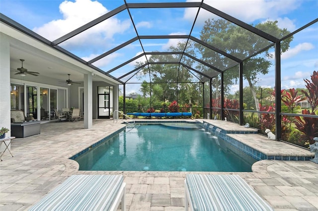 4 Midden Ln, Palm Coast, FL 32137 - outdoor pool featuring a patio area, a ceiling fan, glass enclosure, and an outdoor hangout area