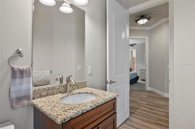 4 Midden Ln, Palm Coast, FL 32137 - bathroom featuring vanity, wood finished floors, and ornamental molding