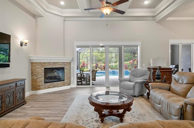 4 Midden Ln, Palm Coast, FL 32137 - living area with a high ceiling, wood finished floors, ceiling fan, ornamental molding, and coffered ceiling