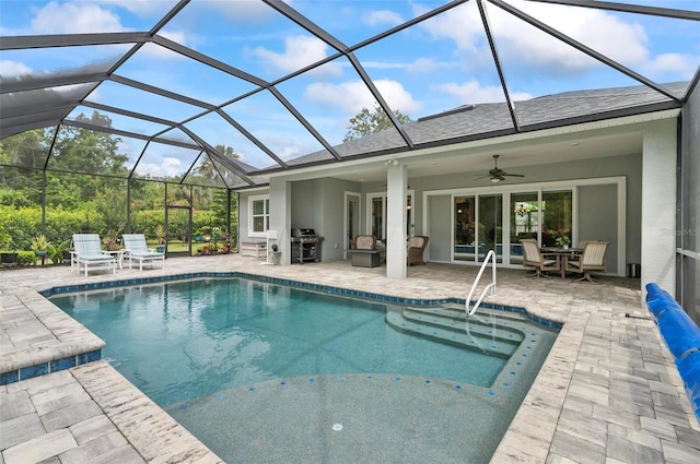 4 Midden Ln, Palm Coast, FL 32137 - swimming pool with a patio area, a ceiling fan, area for grilling, glass enclosure, and outdoor dining space