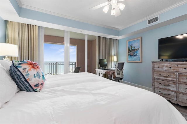 200 Ocean Crest Dr Unit 913, Palm Coast, FL 32137 - bedroom featuring ornamental molding, access to outside, ceiling fan, and wood finished floors