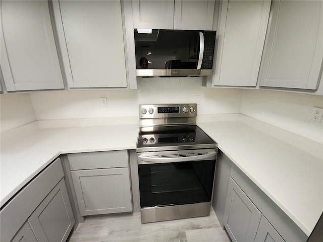 1810 Western Rd, South Daytona, FL 32119 - kitchen featuring stainless steel appliances, gray cabinetry, light countertops, and light wood-style floors