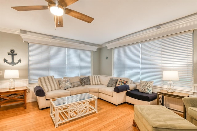 159 Southwind Cir, Saint Augustine, FL 32080 - living area with light wood-type flooring, a ceiling fan, and crown molding