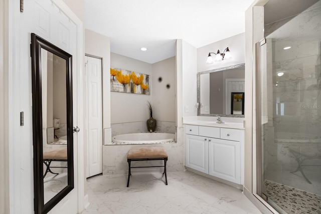 100 Bella Harbor Ct Unit 103, Palm Coast, FL 32137 - bathroom with a garden tub, vanity, marble finish floors, a marble finish shower, and recessed lighting