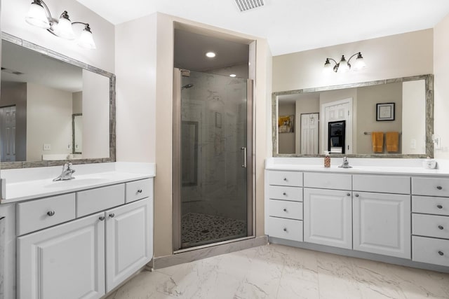 100 Bella Harbor Ct Unit 103, Palm Coast, FL 32137 - full bathroom with a shower stall, two vanities, marble look tiles, and recessed lighting