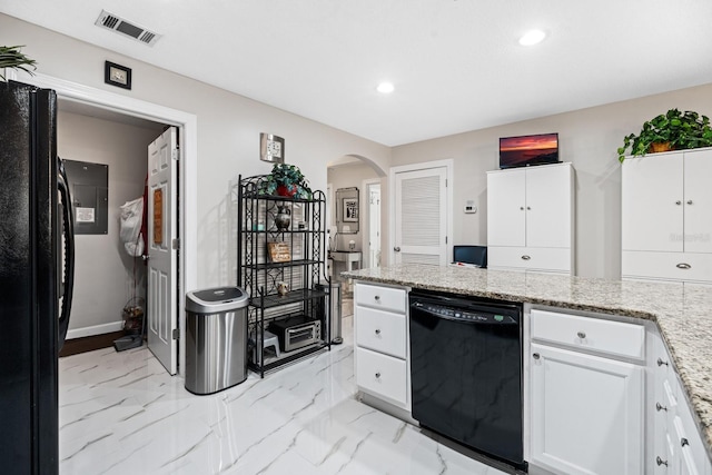 100 Bella Harbor Ct Unit 103, Palm Coast, FL 32137 - kitchen with black appliances, arched walkways, recessed lighting, light marble finish flooring, and white cabinets