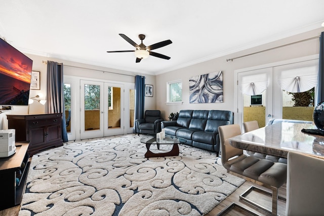 100 Bella Harbor Ct Unit 103, Palm Coast, FL 32137 - living room featuring french doors, crown molding, ceiling fan, and wood finished floors