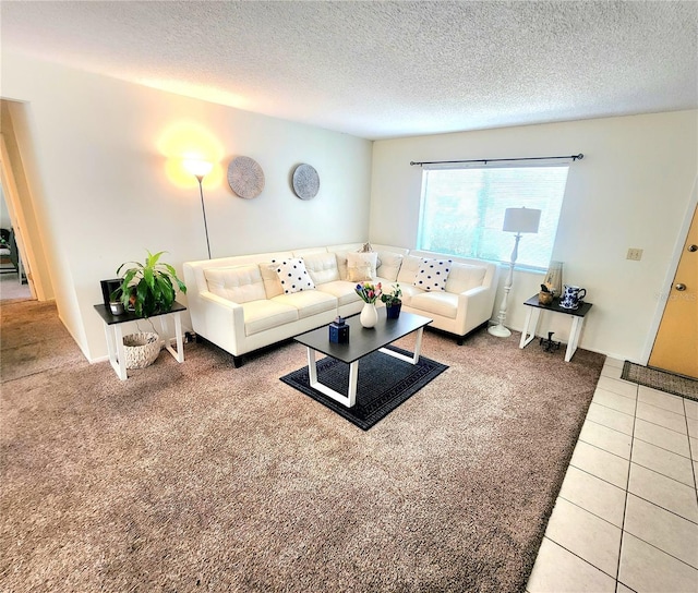 1561 Copperfield Ave, Deltona, FL 32738 - living room with a textured ceiling, light tile patterned floors, and light colored carpet