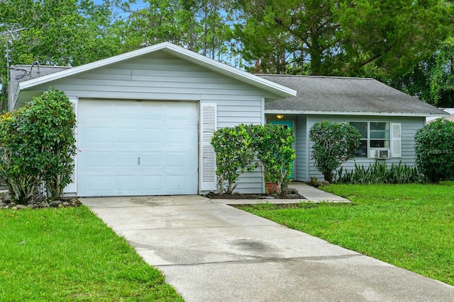 29 Rylin Ln, Palm Coast, FL 32164 - ranch-style house with concrete driveway, a front yard, a garage, and a shingled roof