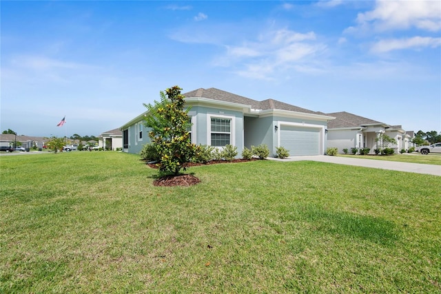 51 Oakleaf Way, Palm Coast, FL 32137 - view of front of home with a garage, driveway, stucco siding, and a front lawn