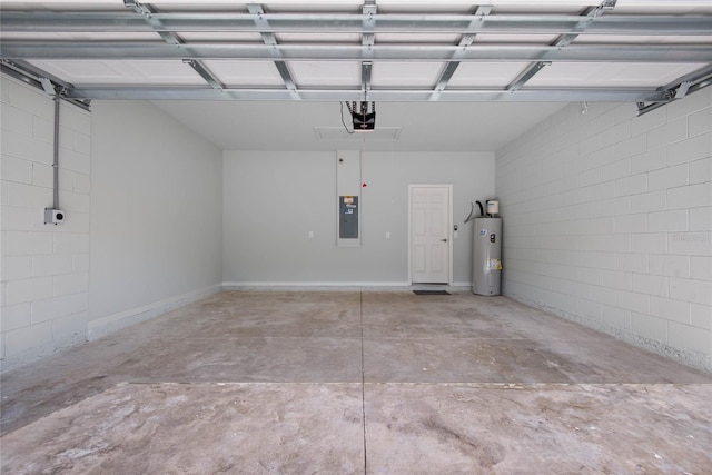 51 Oakleaf Way, Palm Coast, FL 32137 - garage featuring electric panel, a garage door opener, water heater, and concrete block wall