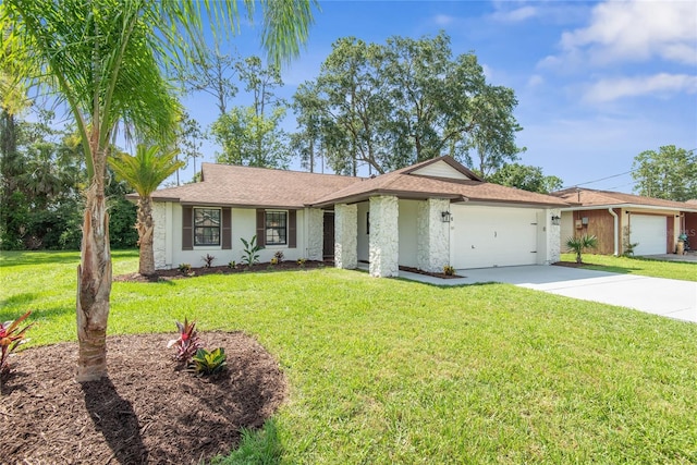 6 Winchester Pl, Palm Coast, FL 32164 - ranch-style house featuring an attached garage, a front lawn, concrete driveway, and stucco siding