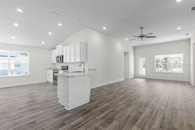 6 Bainbridge Ln, Palm Coast, FL 32137 - kitchen featuring appliances with stainless steel finishes, open floor plan, ceiling fan, wood finished floors, and lofted ceiling