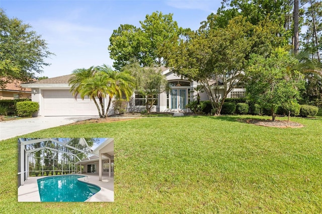 81 Brownstone Ln, Palm Coast, FL 32137 - view of property hidden behind natural elements featuring a front yard, a garage, glass enclosure, an outdoor pool, and stucco siding