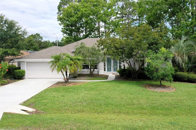 81 Brownstone Ln, Palm Coast, FL 32137 - obstructed view of property with concrete driveway, an attached garage, a front yard, stucco siding, and a shingled roof