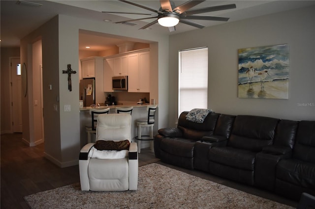 146 Via Madrid Dr, Ormond Beach, FL 32176 - living room with a ceiling fan, dark wood-style flooring, and recessed lighting
