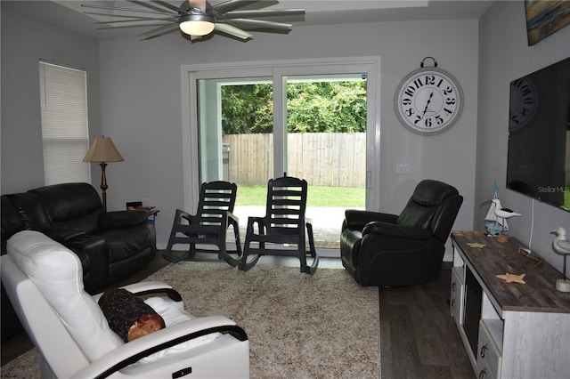 146 Via Madrid Dr, Ormond Beach, FL 32176 - living area with ceiling fan and dark wood-type flooring