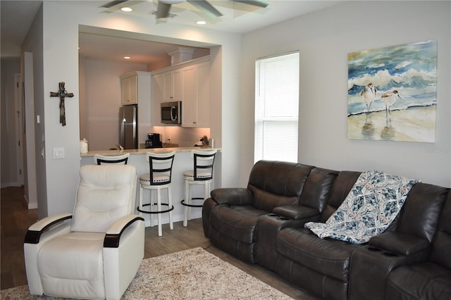 146 Via Madrid Dr, Ormond Beach, FL 32176 - living room with wood finished floors, a ceiling fan, and recessed lighting