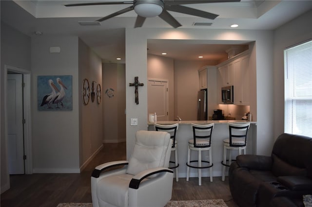 146 Via Madrid Dr, Ormond Beach, FL 32176 - living room featuring dark wood finished floors, ceiling fan, and recessed lighting