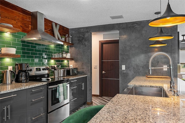 8 White Horse Ln, Palm Coast, FL 32164 - kitchen with wall chimney range hood, electric stove, light stone counters, open shelves, and a textured ceiling