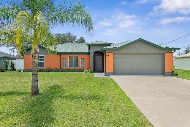 66 Randolph Dr, Palm Coast, FL 32164 - ranch-style home featuring concrete driveway, a garage, stucco siding, a front lawn, and a metal roof