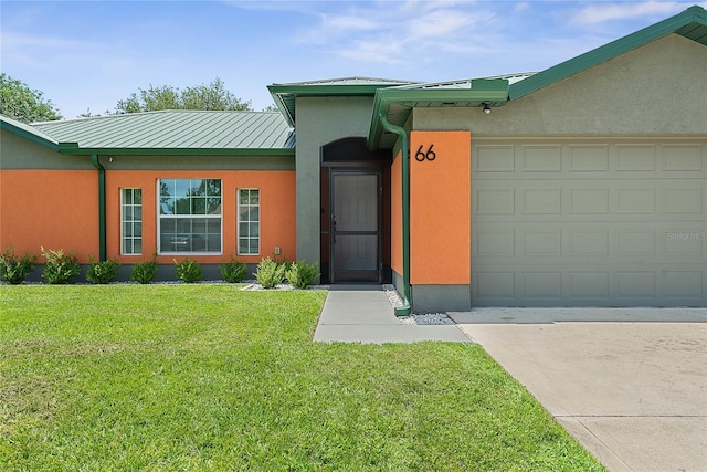 66 Randolph Dr, Palm Coast, FL 32164 - view of front of property featuring stucco siding, a front lawn, concrete driveway, an attached garage, and a metal roof