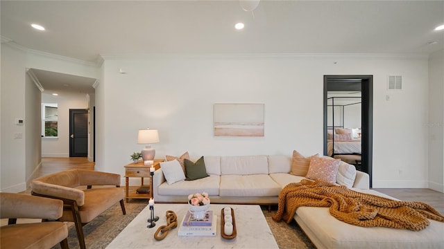 455 Riverfront Dr Unit A204, Palm Coast, FL 32137 - living room with crown molding, wood finished floors, and recessed lighting