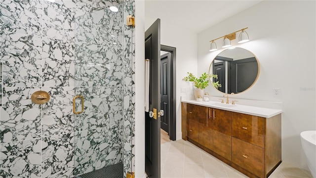 455 Riverfront Dr Unit A204, Palm Coast, FL 32137 - bathroom with a stall shower, vanity, tile patterned flooring, and a soaking tub