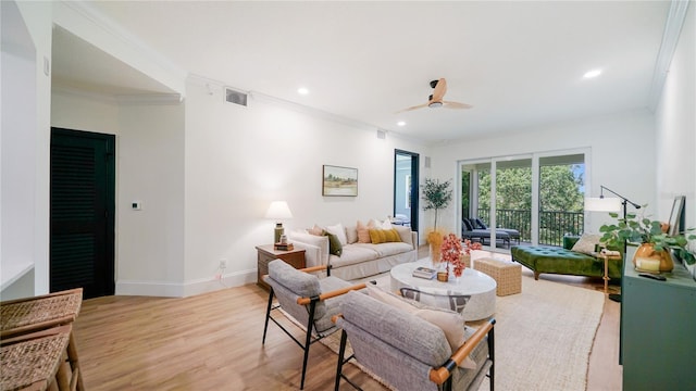 455 Riverfront Dr Unit A302, Palm Coast, FL 32137 - living room with crown molding, light wood-style flooring, a ceiling fan, and recessed lighting