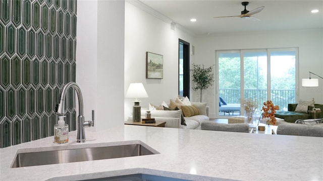 455 Riverfront Dr Unit A302, Palm Coast, FL 32137 - kitchen with open floor plan, light stone counters, a ceiling fan, and recessed lighting