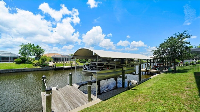 30 Cortes Ct, Palm Coast, FL 32137 - dock with boat lift, a water view, and a lawn
