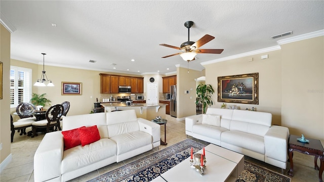 30 Cortes Ct, Palm Coast, FL 32137 - living room featuring ceiling fan, ornamental molding, light tile patterned floors, and recessed lighting