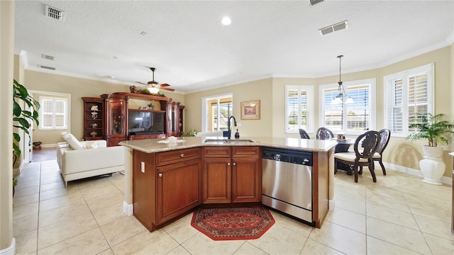30 Cortes Ct, Palm Coast, FL 32137 - kitchen with stainless steel dishwasher, open floor plan, crown molding, ceiling fan, and light tile patterned floors