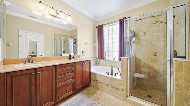 30 Cortes Ct, Palm Coast, FL 32137 - bathroom featuring a garden tub, a stall shower, double vanity, ornamental molding, and tile patterned floors