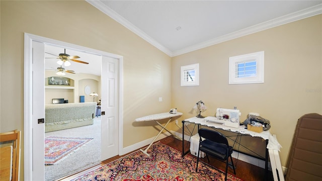 30 Cortes Ct, Palm Coast, FL 32137 - home office with ornamental molding, a ceiling fan, and wood finished floors