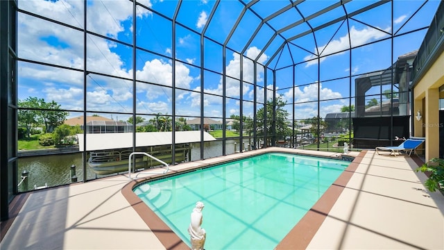 30 Cortes Ct, Palm Coast, FL 32137 - outdoor pool featuring a boat dock, a lanai, a water view, and a patio area