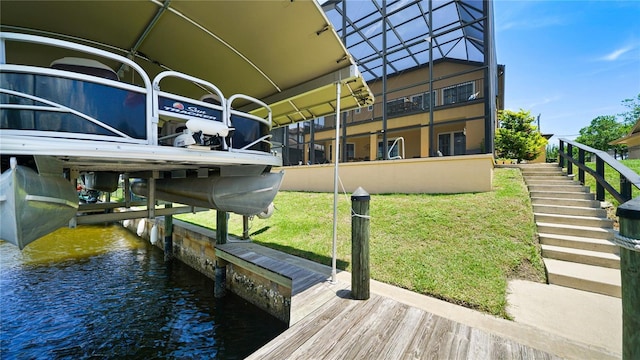 30 Cortes Ct, Palm Coast, FL 32137 - dock area featuring a water view, a lawn, and stairs